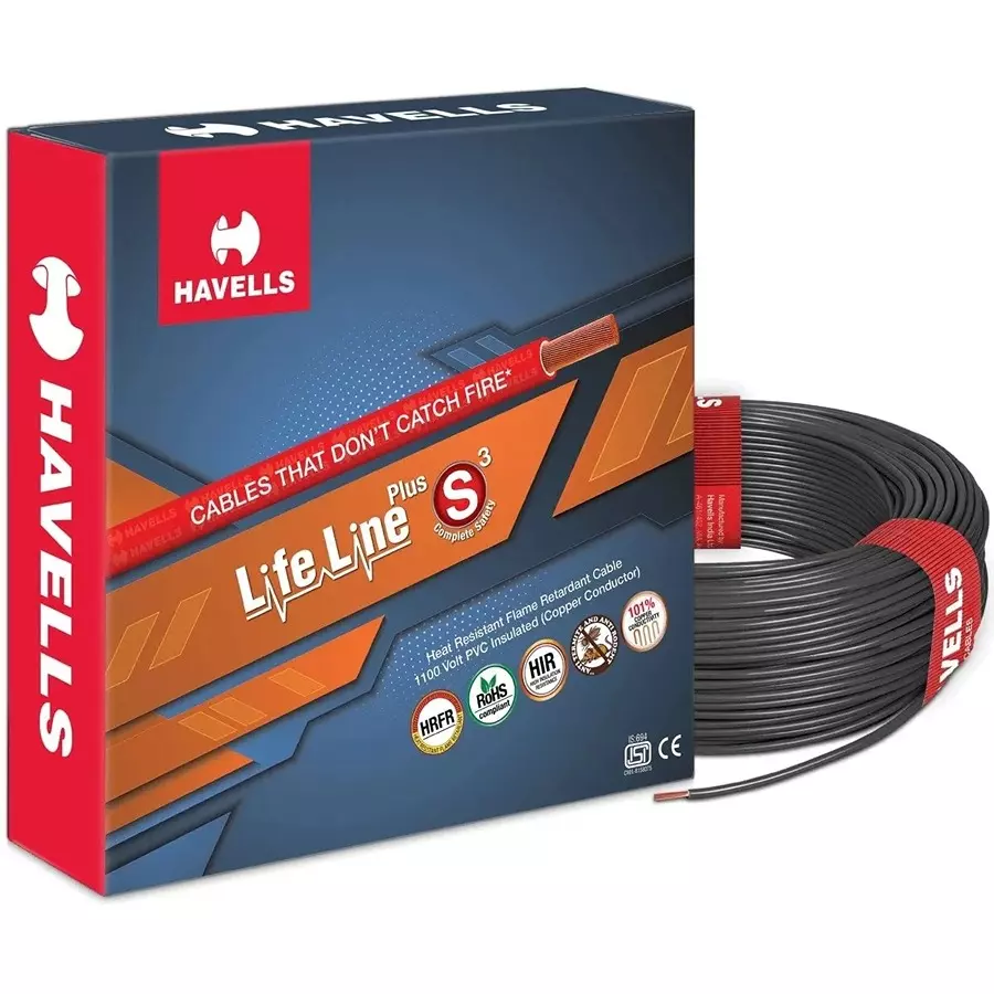 Havells Life Line Plus S3 4 Sq.mm 1 Core Flame Retardant HRFR House Cable Black, 90 m Havells Life Line Plus S3 4 Sq.mm 1 Core Flame Retardant HRFR House Cable Black, 90 m